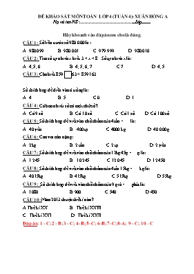 Đề khảo sát môn Toán Lớp 4 - Tuần 4 - Trường TH Xuân Hồng A